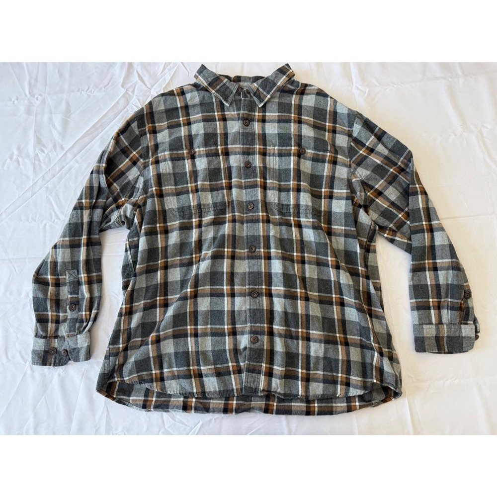 Duluth Trading Co Flannel Shirt Mens 2XL Grey Plaid Good Relaxed Fit Button Down